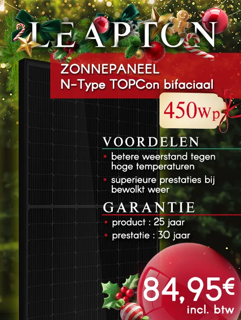 N-Type TOPCon bifaciale zonnepaneel 450Wp. Open circuit spanning: 39,68 V, maximaal vermogen: 32,87 V. Productgarantie: 25 jaar, prestatiegarantie: 30 jaar. Prijs: € 84,95 incl. btw.